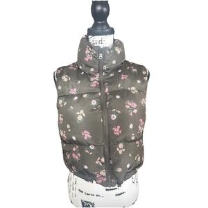 Aeropostale Remixed Down Green Floral Cropped Puffer Vest Size XS